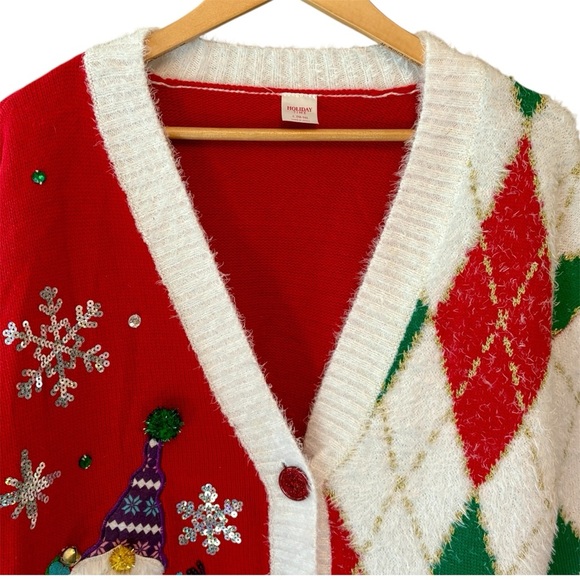 Holiday Time Christmas Gnome Argyle Festive Cardigan Sweater Womens size Large - Picture 5 of 16